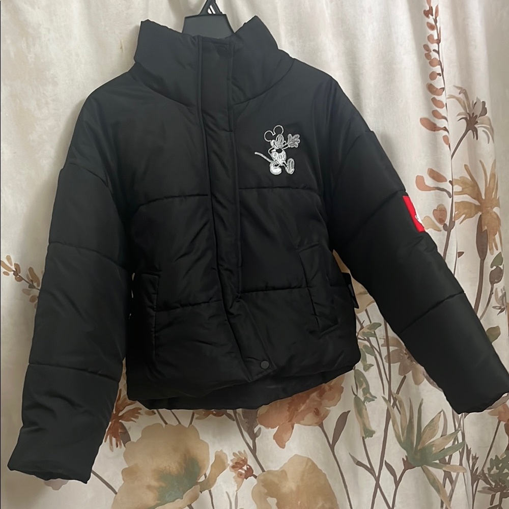 Disney Crop Black Puffer Jacket with High Collar
